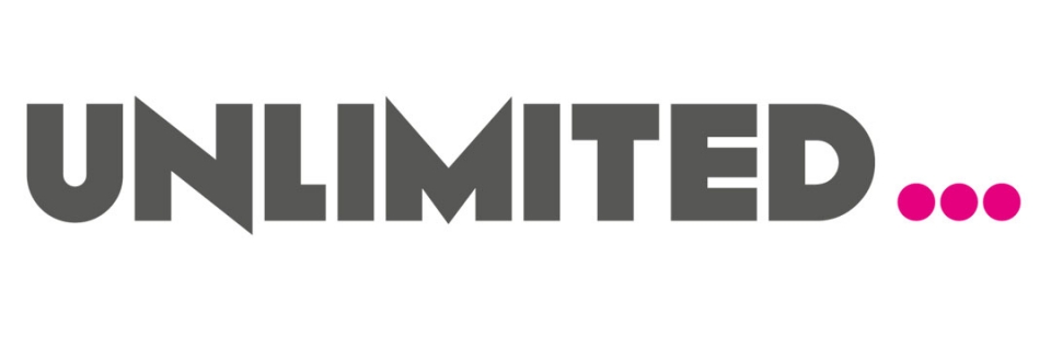 Unlimited International - evaluating the reach of our work. Unlimited spelt out in large bold grey letters follwed by three bold bright pink dots