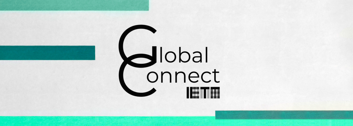 Image of the IETM Global Connect logo over a grey and turquoise geometrical background