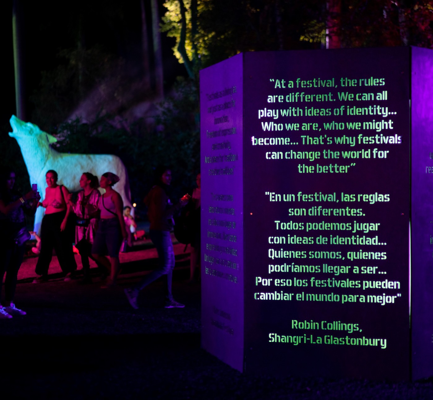 Art installation including the text "At a festival, the rules are different. We can all play with the ideas of identity... That's why festivals can change the world for better" Robin Collings, Shangri-La Glastonbury