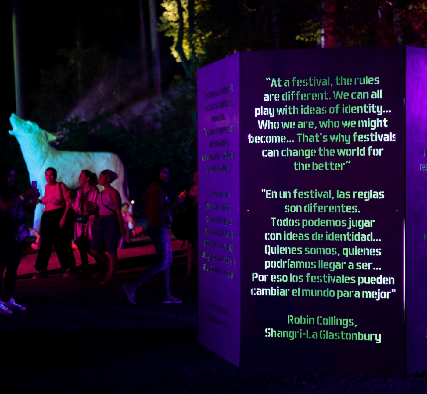 Art installation including the text "At a festival, the rules are different. We can all play with the ideas of identity... That's why festivals can change the world for better" Robin Collings, Shangri-La Glastonbury