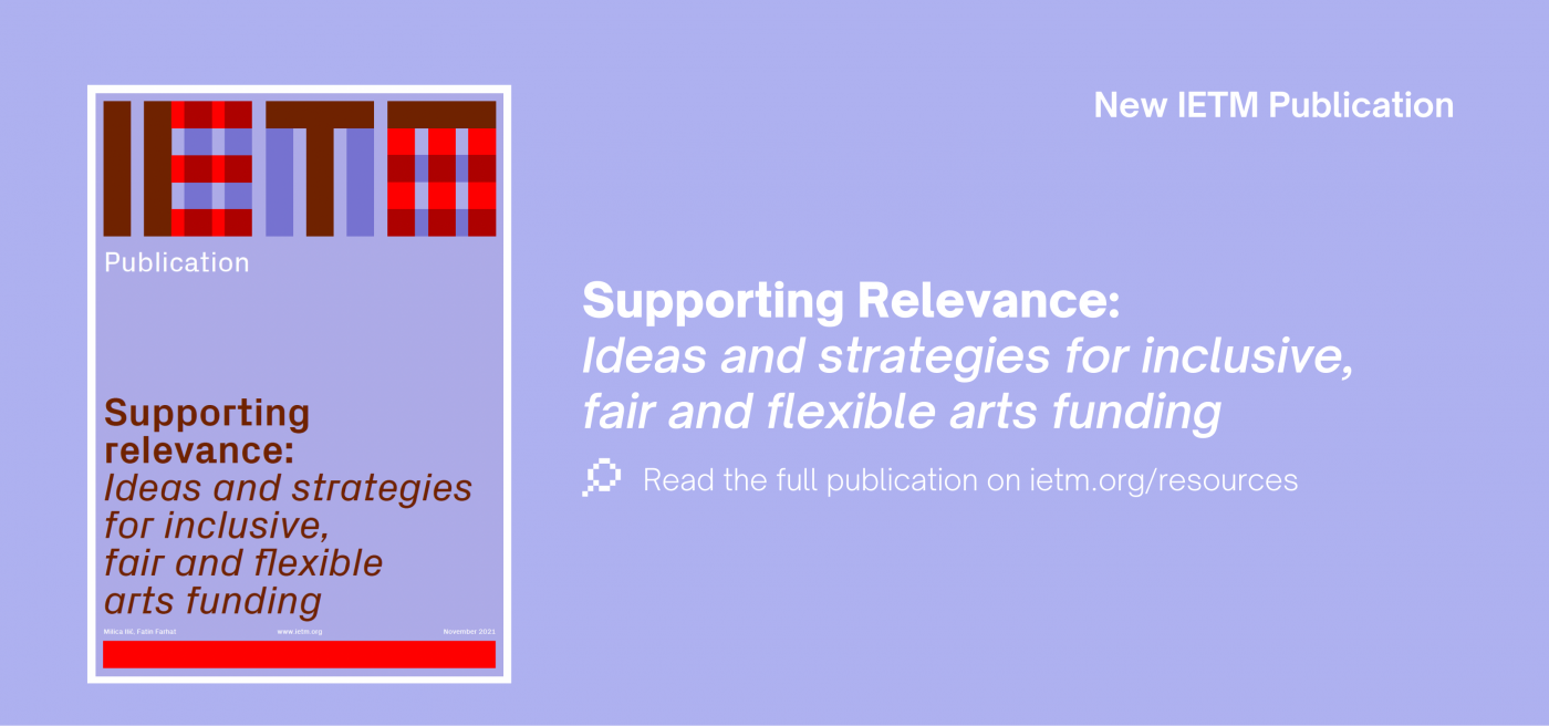 Cover of the IETM publication "Supporting Relevance: Ideas and strategies for inclusive, fair and flexible funding" on purple background