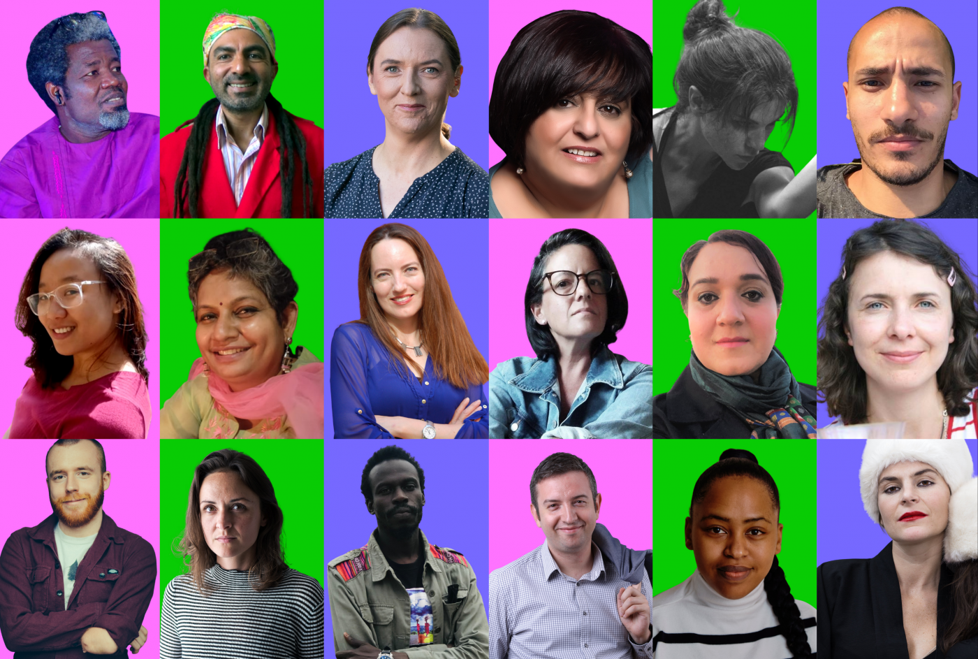 Collage of Global Connectors profile pictures on colourful backgrounds (pink, green and purple)