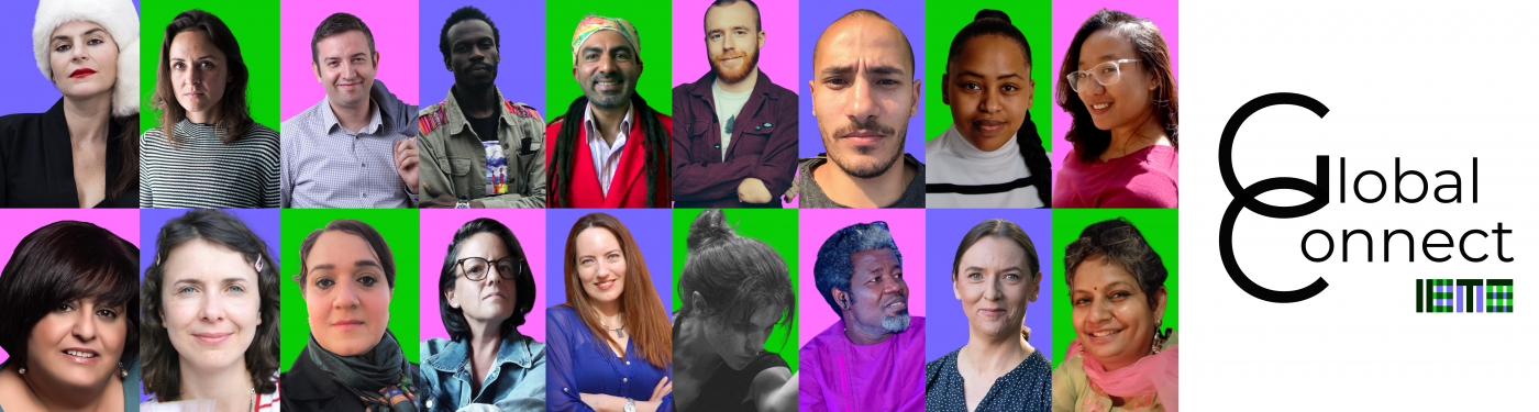 Banner displaying a collage of all the Global Connectors profile pictures on the left of the Global Connect logo