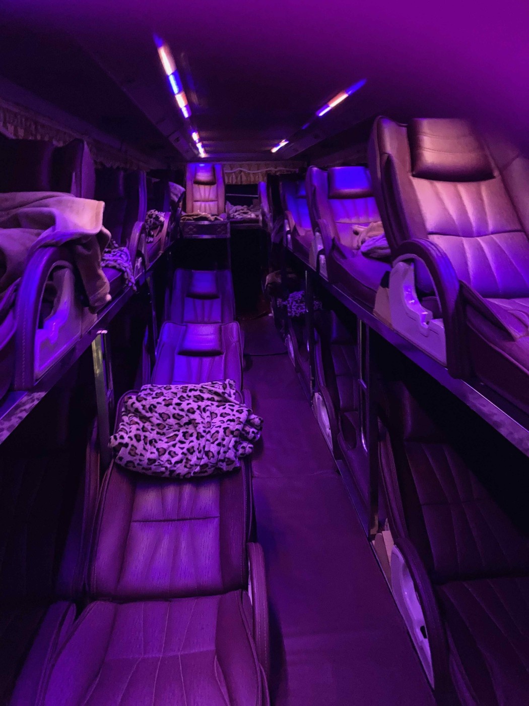 purple view of the inside of a sleeper bus