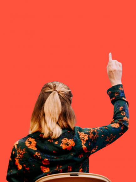 Picture of a woman raising a finger in the air on an orange background