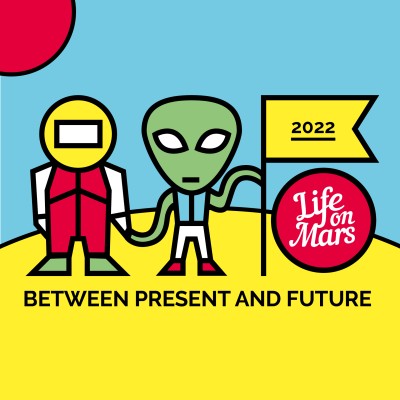 On a cartoon-like planet, an astronaut and an alien are standing holding hands