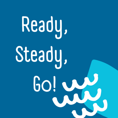 The image shows the title "Ready, Steady, Go!" on blue background, with graphic details remembering ocean's waves