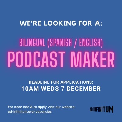 Artist Callout (Podcast Maker) cover image Artist callout: podcast maker information text in pink on a blue background