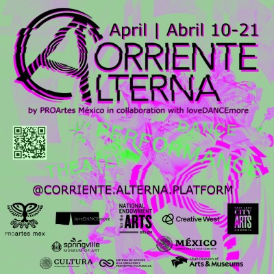 Green and pink background showing "Corriente Alterna", the name of the festival, the April 10-21 dates, the festival IG handle, a QR code to the webpage and sponsors' logos.