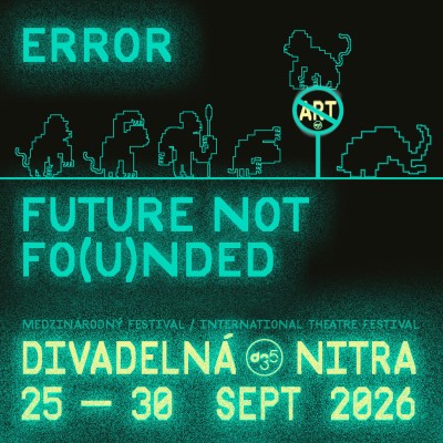 Festival visual campaign graphic by Tomáš Vicen featuring illustrations of monkeys and bold text that reads "FUTURE NOT FO(U)NDED", reacting to the public funding crisis.