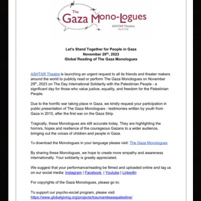 The Gaza Monologues call Global reading of The Gaza Monologues