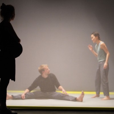 Symposium: Dance and parenthood In the front the dark shadow of a pregnant woman is shown from the side. In the background there are two dancers on a stage - one sitting on the floor, the other one standing on the right.