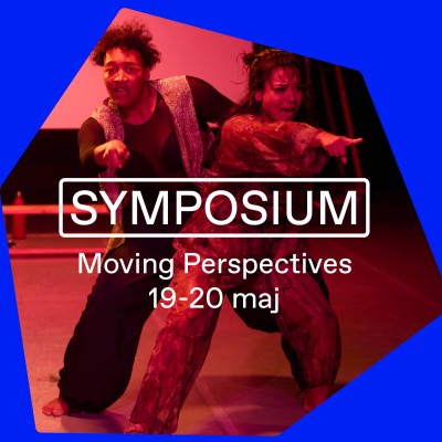 Picture of two performing artists pointing away from the center of the motive. The text says "Symposium, May 19-20".