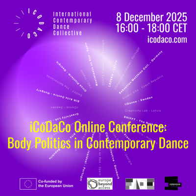 Purple colored image with iCoDaCo partner names and event details written