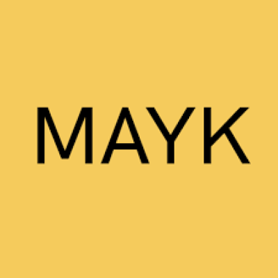 A mustard yellow sqaure with MAYK written in capital, black letters