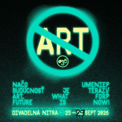 Key visual of the 35th edition of the International Theatre Festival Divadelná Nitra, featuring the number "35" in a turquoise circle with black typography.